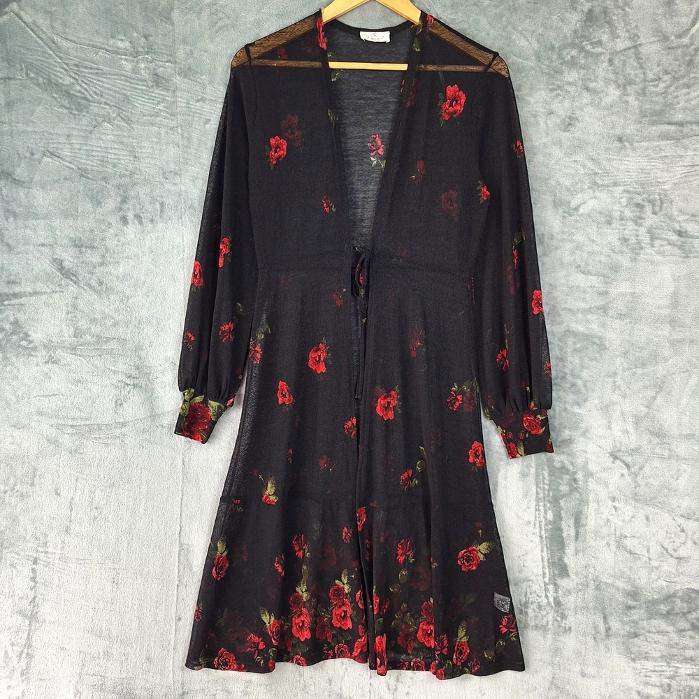 Womens Kimono Small Black Romantic Floral‎ Whimsigoth Duster Sheer Tie Front